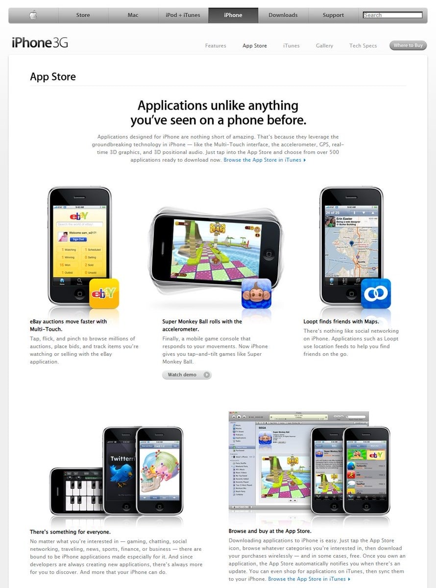 An early Apple App Store page showing eBay, Super Monkey Ball, Loopt, and other first-generation iPhone applications