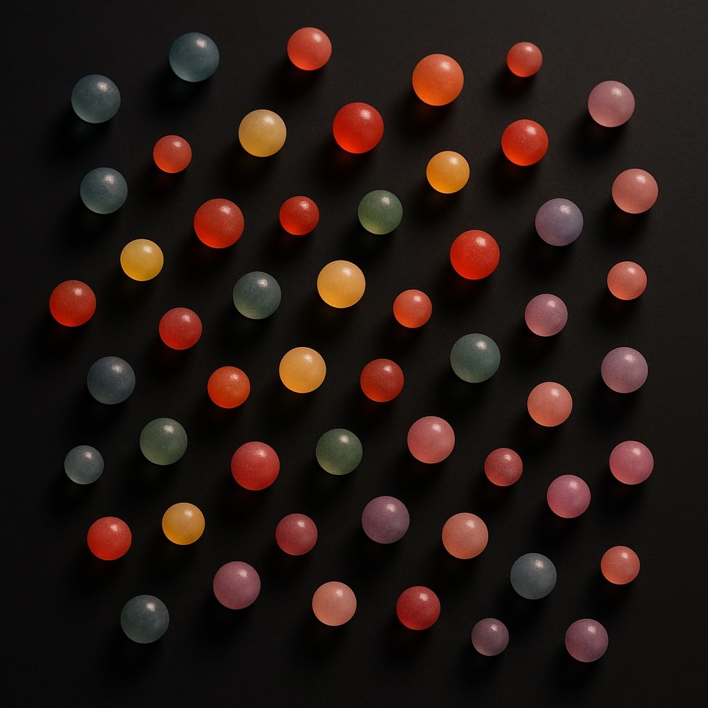 An overhead photograph of dozens of small glowing glass orbs in varied colors, dusty blue-grays, warm corals and reds, pale yellows, soft lavenders, scattered across a matte black surface, some clustered together and some isolated.