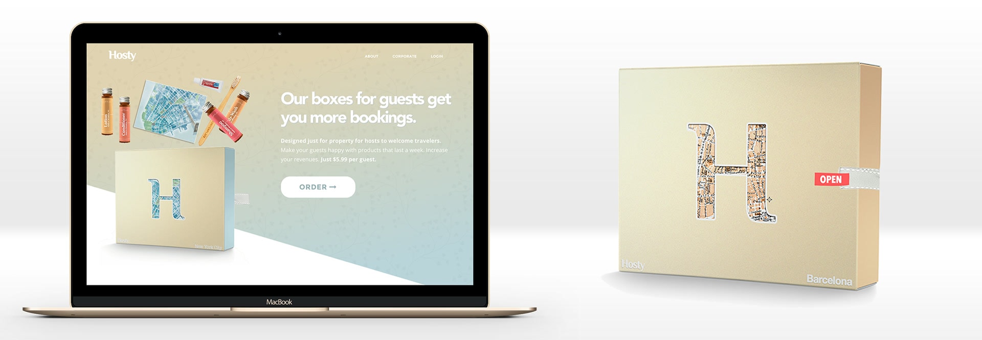 A Hosty website and Barcelona edition box using a Barcelona street map in the H-shaped window
