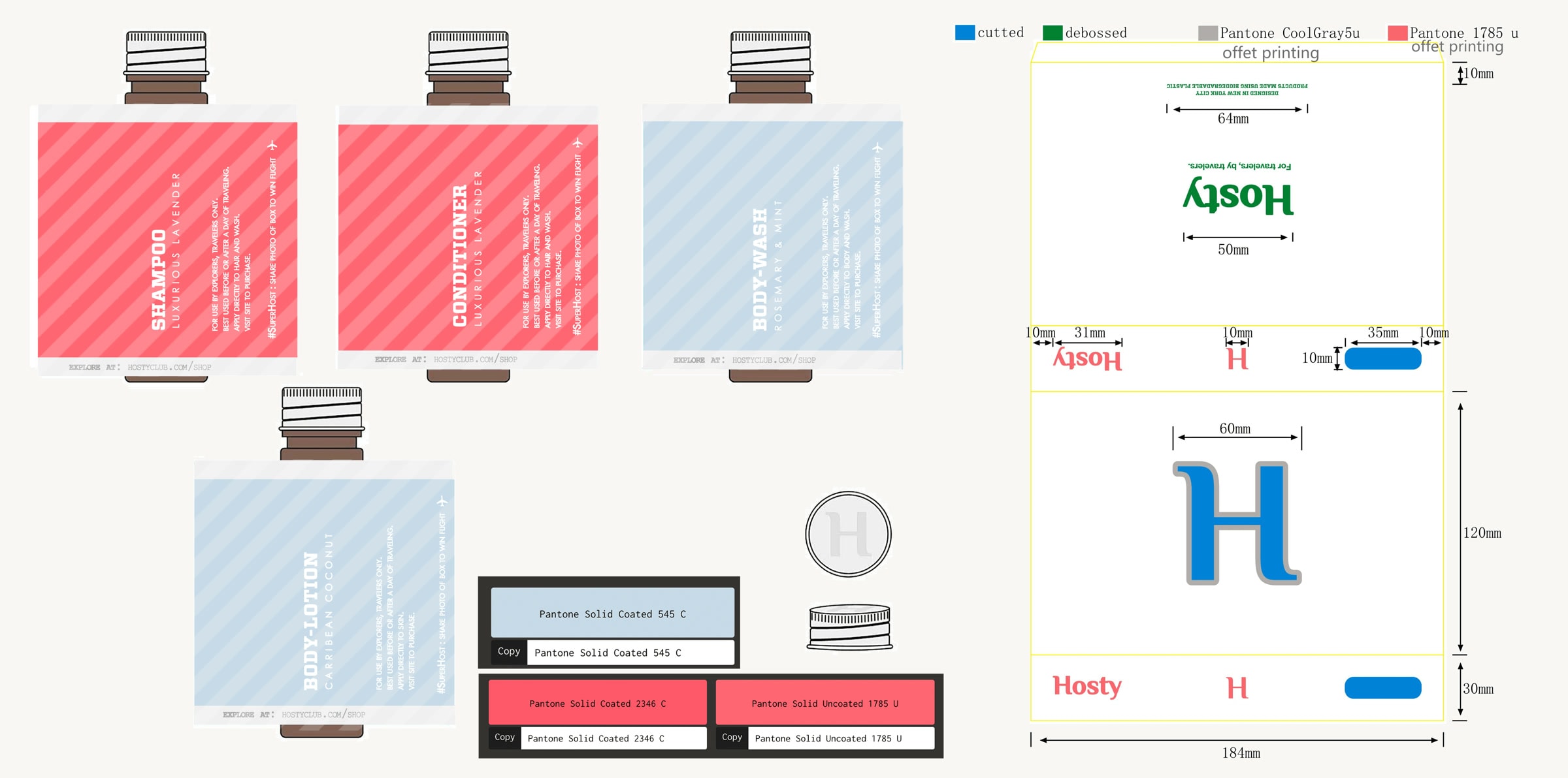 Hosty shampoo, conditioner, body wash, and lotion label artwork beside Pantone colors and measured packaging specifications
