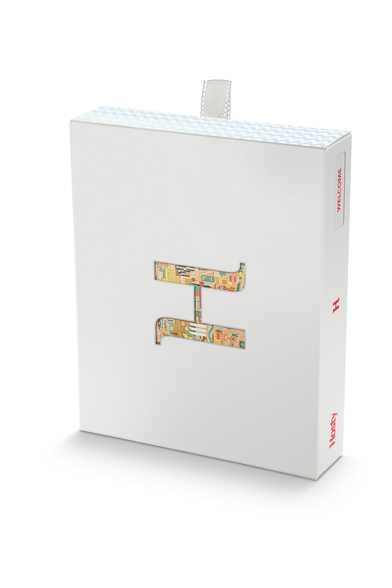 Front render of the final white Hosty box with the local map visible through its H window
