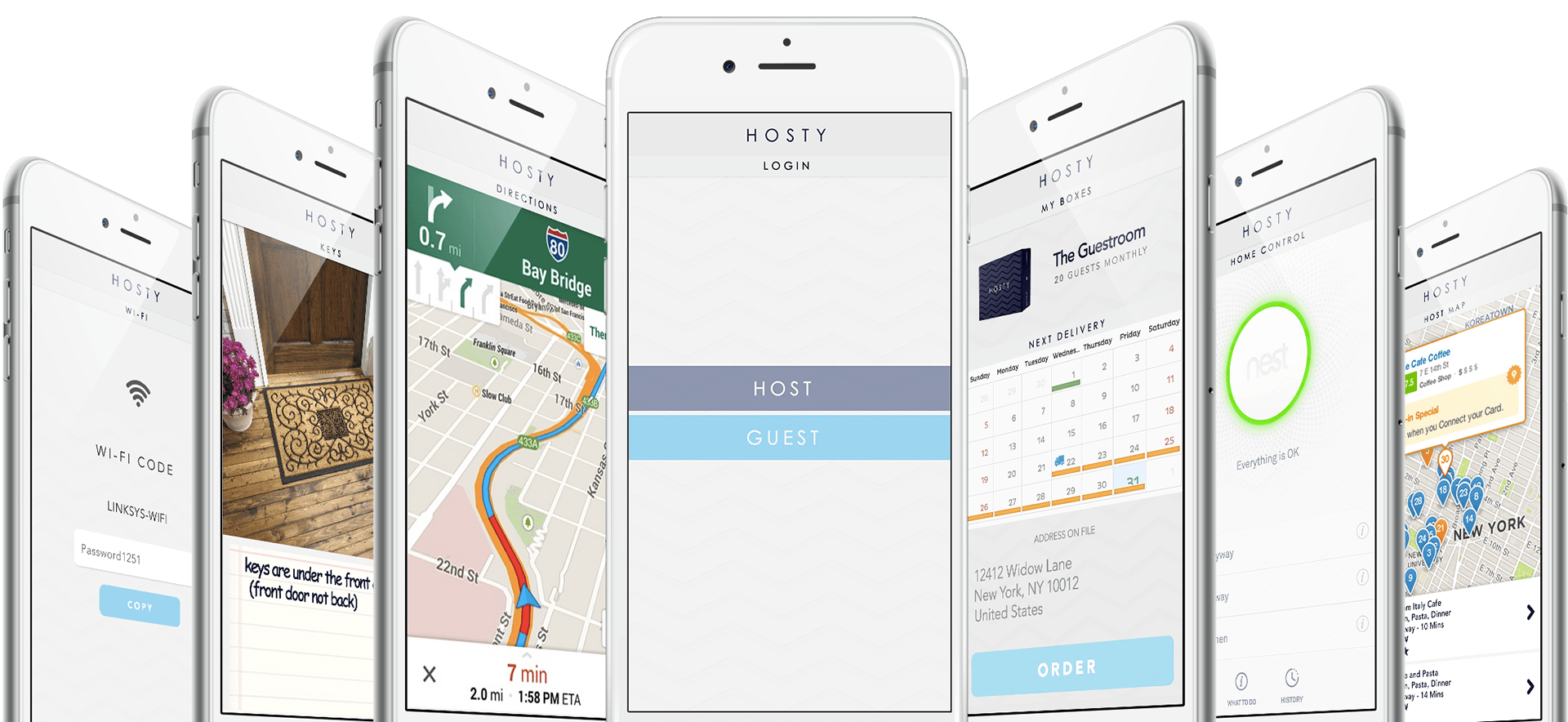 Hosty iOS interface concepts showing Wi-Fi, key instructions, directions, ordering, home controls, and a local map
