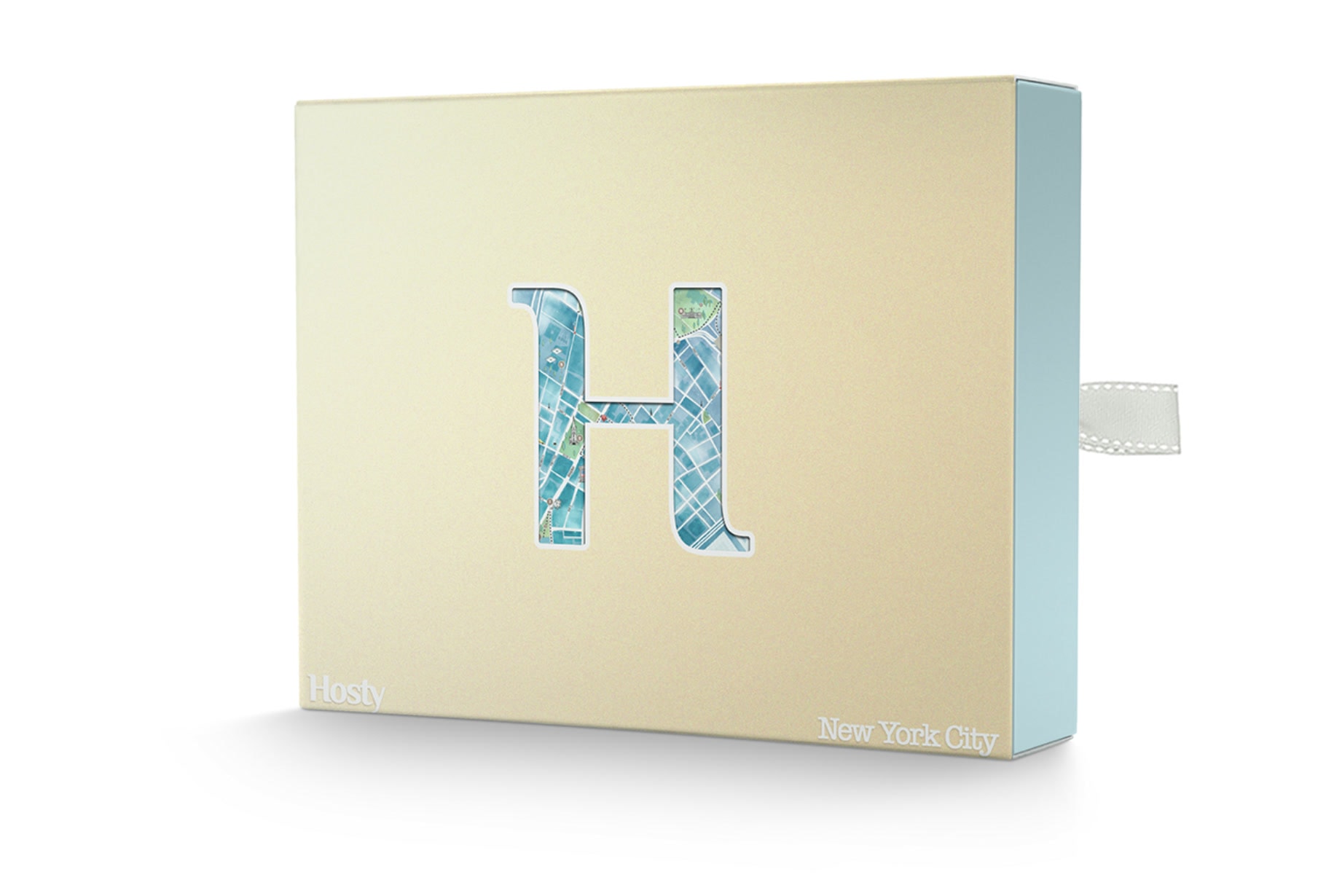 A warm ivory New York City Hosty box with a street map visible through an H-shaped window