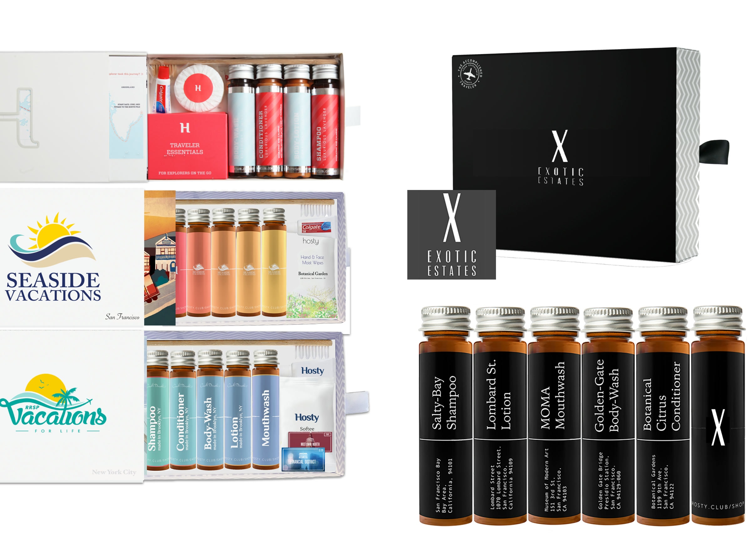 White-label Hosty concepts for Seaside Vacations, RRSC Vacations, and Exotic Estates with custom boxes and bottle labels