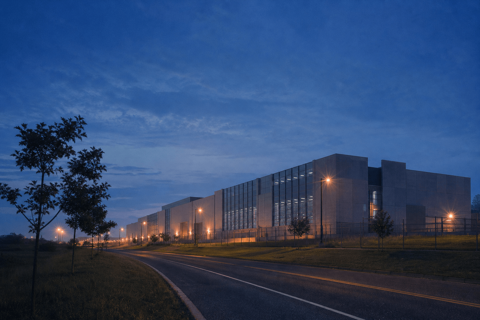An imagined dusk view of a large data center beside a quiet Northern Virginia road, with warm lights against a deep blue sky.