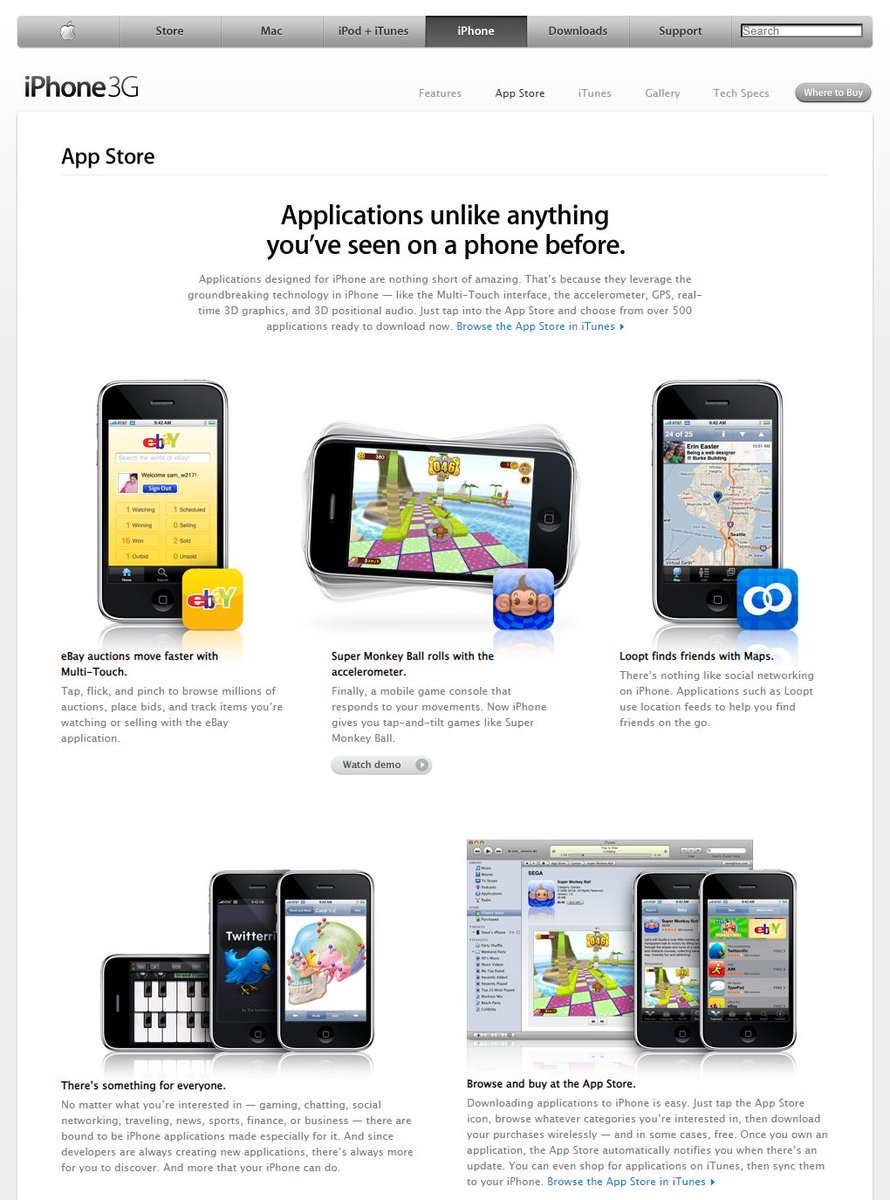 An early Apple App Store page showing eBay, Super Monkey Ball, Loopt, and other first-generation iPhone applications