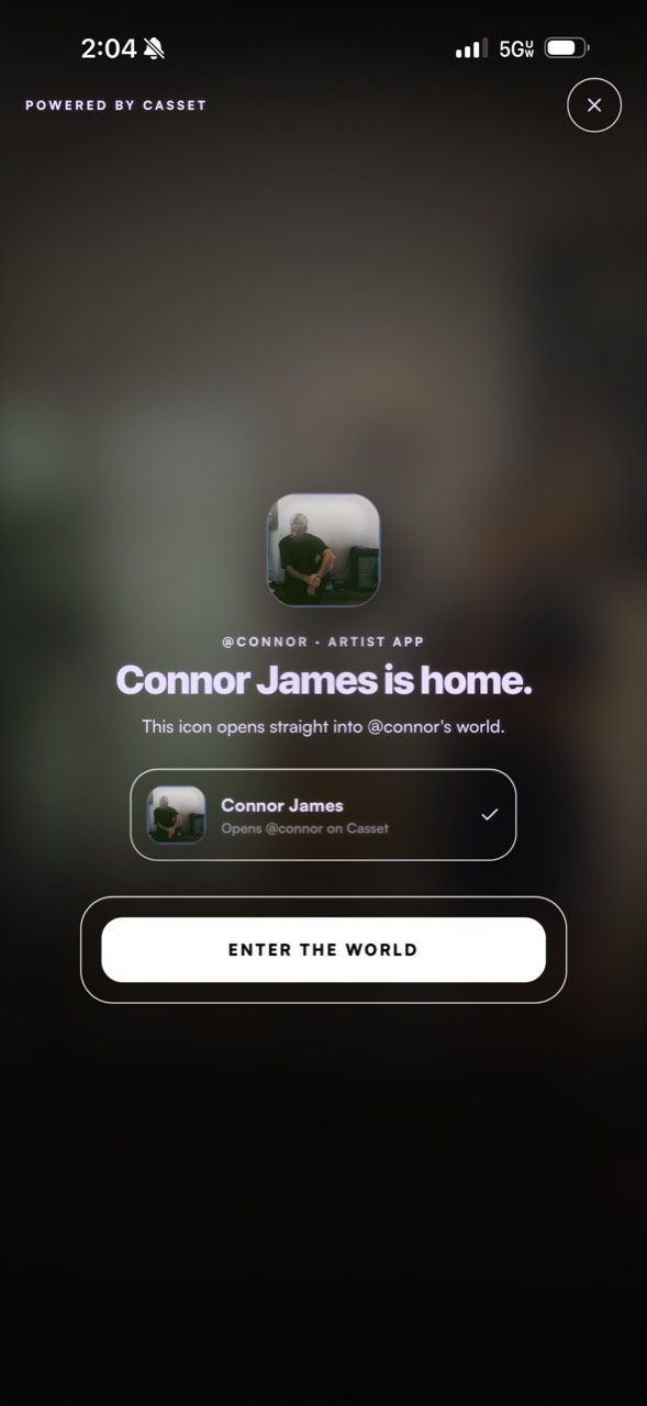 An early Casset artist-app installation screen that says Connor James is home and offers to enter the artist's world