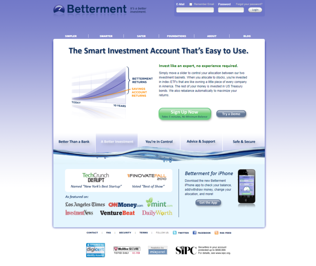 Betterment's 2010 homepage describing a slider between stock and Treasury bond investment baskets
