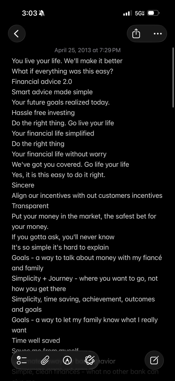 An iPhone note dated April 25, 2013 with Betterment positioning and copy ideas