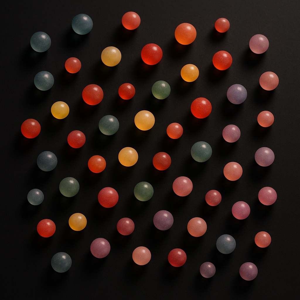 An overhead photograph of dozens of small glowing glass orbs in varied colors, dusty blue-grays, warm corals and reds, pale yellows, soft lavenders, scattered across a matte black surface, some clustered together and some isolated.