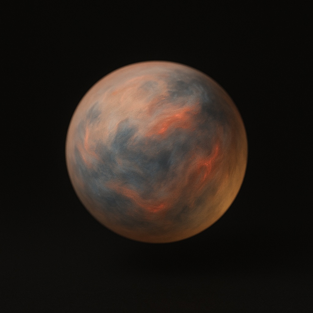An abstract glowing orb in warm dusty rose and tan, with slate blue-gray currents and coral-red flares moving through its surface, floating in near-black darkness.