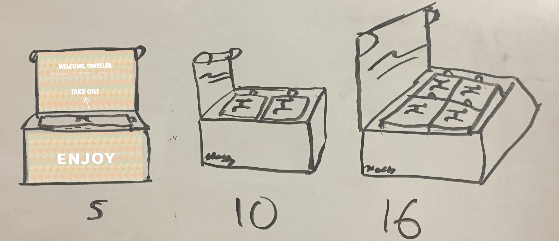 Early hand-drawn studies for different Hosty box sizes