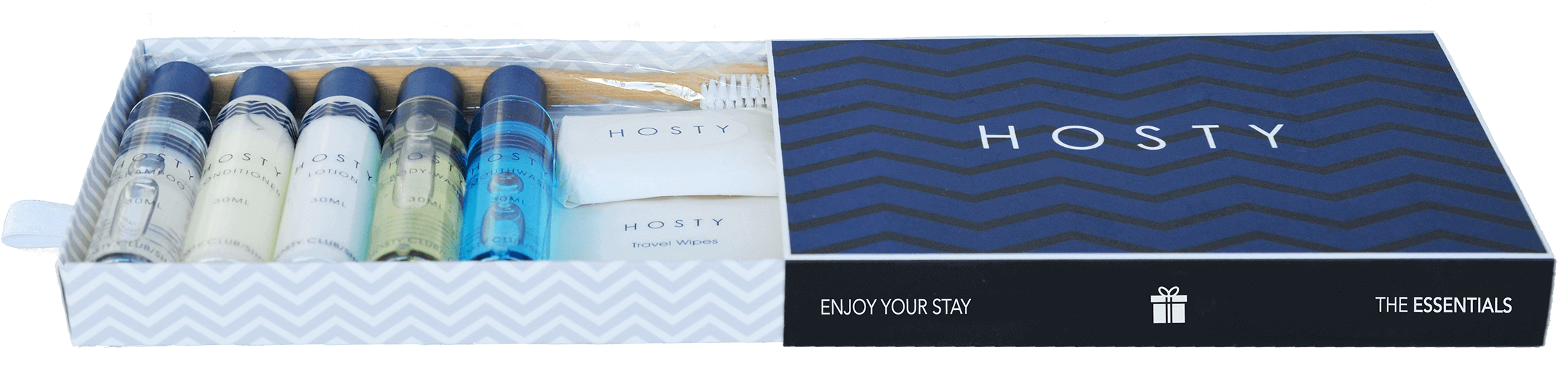 The first navy Hosty drawer box open with toiletries, toothbrush, and travel wipes