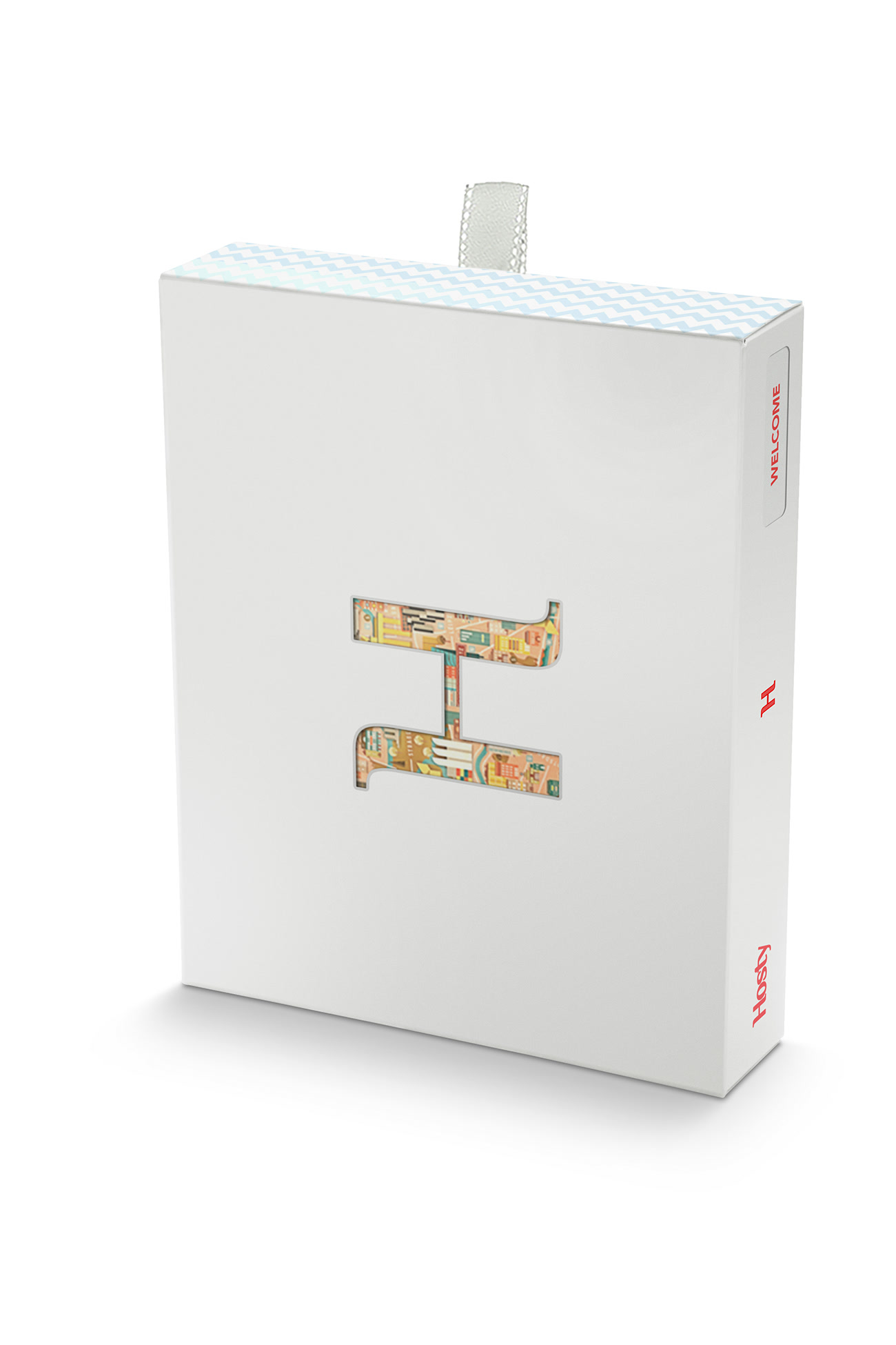 Front render of the final white Hosty box with the local map visible through its H window