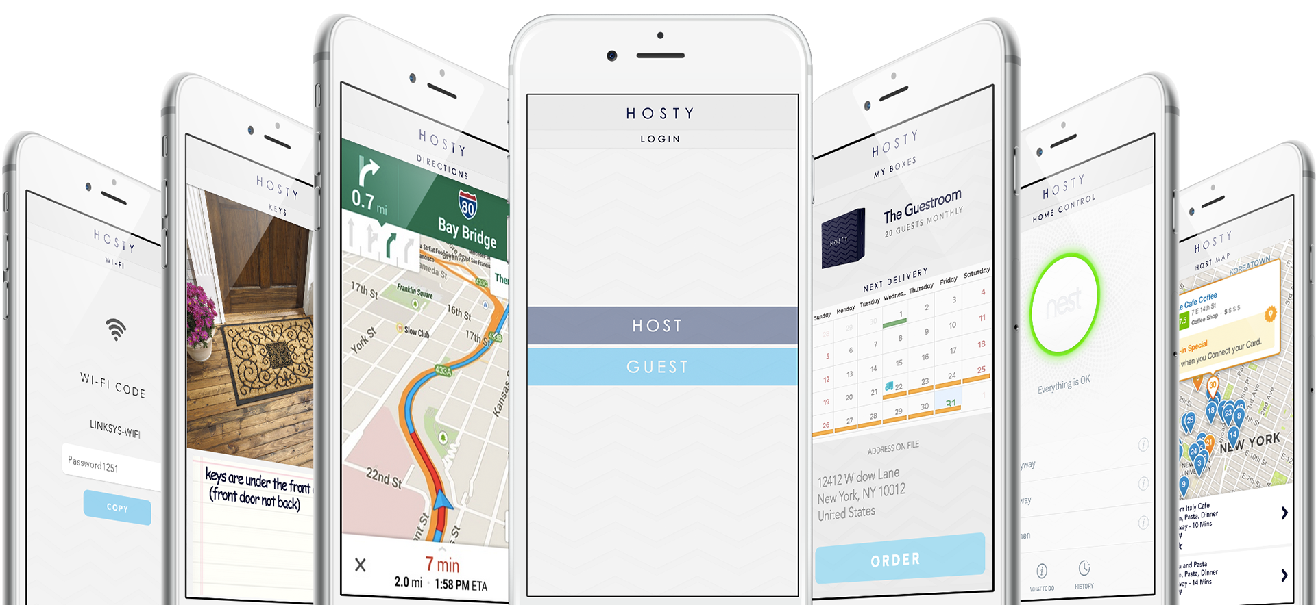 Hosty iOS interface concepts showing Wi-Fi, key instructions, directions, ordering, home controls, and a local map