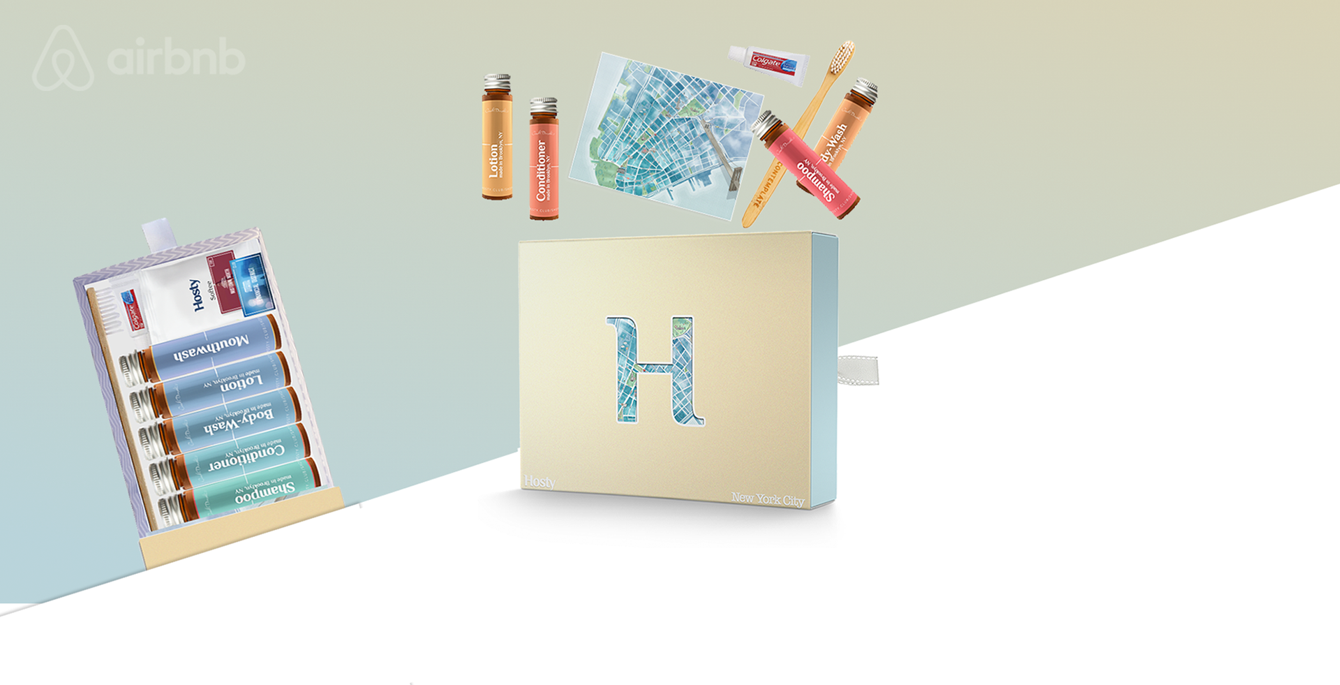 Two location-specific Hosty welcome kits with amber toiletries, toothbrushes, toothpaste, and New York maps
