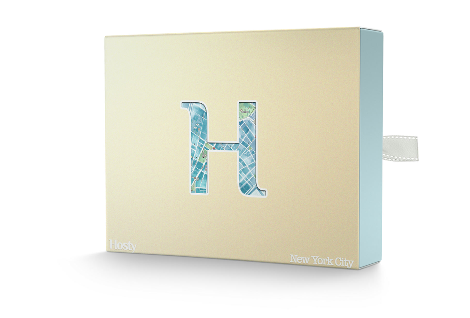 A warm ivory New York City Hosty box with a street map visible through an H-shaped window