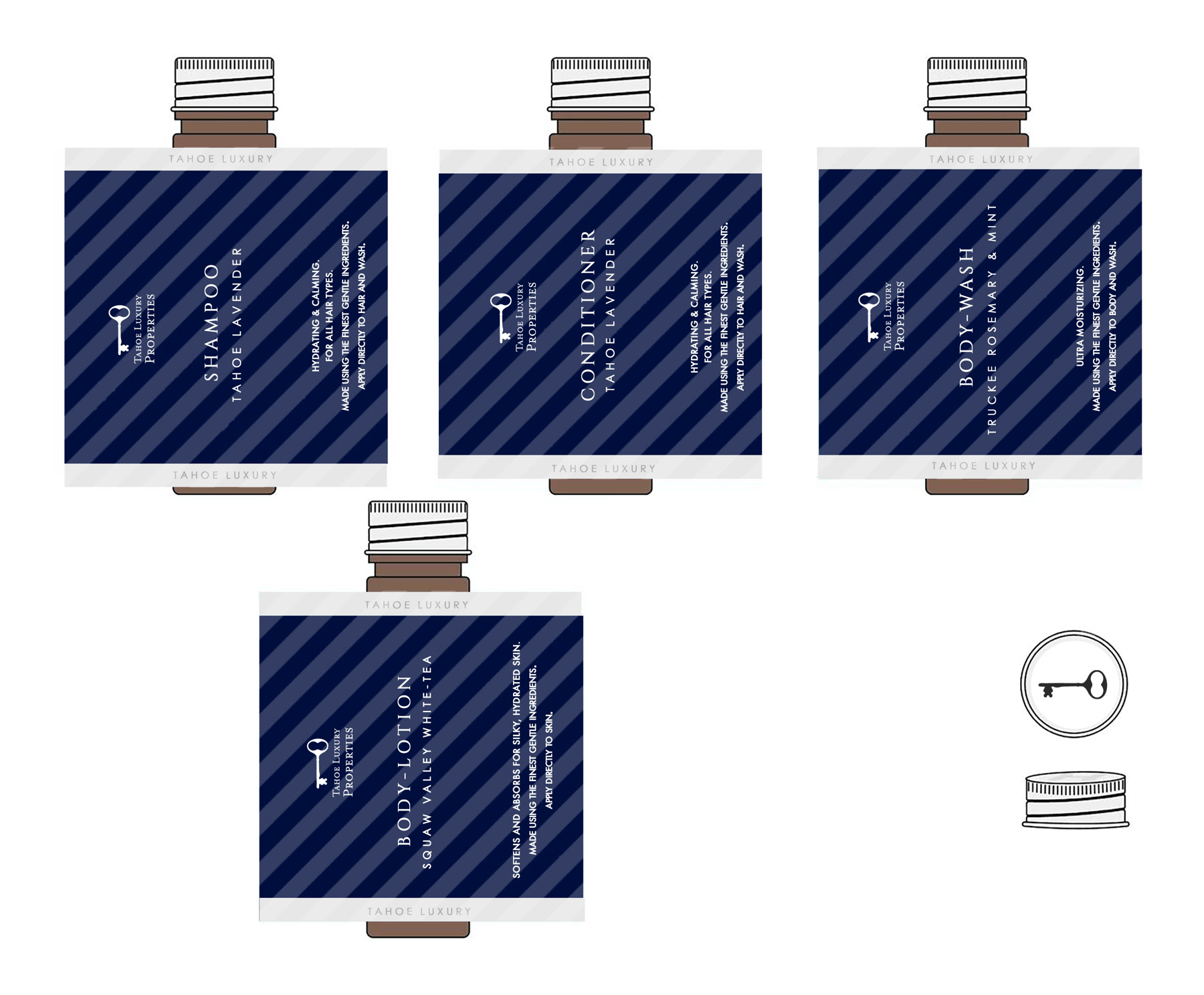 Tahoe Luxury Properties white-label shampoo, conditioner, body wash, and lotion artwork