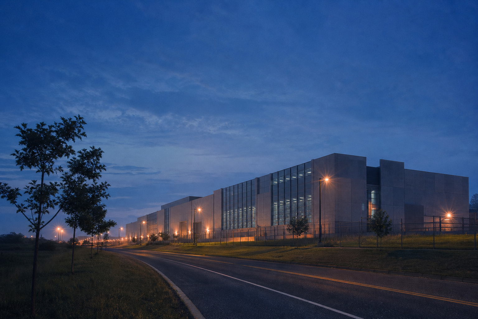 An imagined dusk view of a large data center beside a quiet Northern Virginia road, with warm lights against a deep blue sky.