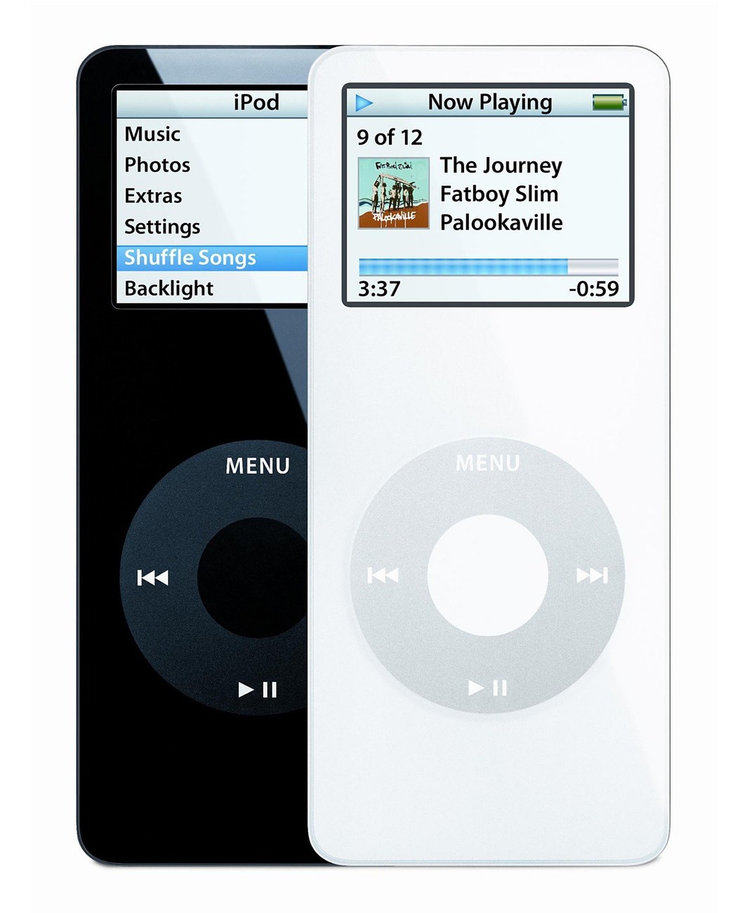 A first-generation iPod nano in black and white, the black one showing the menu with Shuffle Songs selected, the white one showing Now Playing.